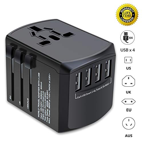Travel Adapter, Universal Plug Adapter for Worldwide travel, International Power Adapter, Plug Converter with 4 USB Ports, All in One Wall Charger AC Socket for European UK AUS ASIA Cell Phone Laptop