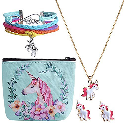 Hicdaw 5 Pcs Jewelry Set for Unicorn Gift for Girls Included Friendship Bracelet Cute Stud Earrings Storage Bag Necklace (Green)
