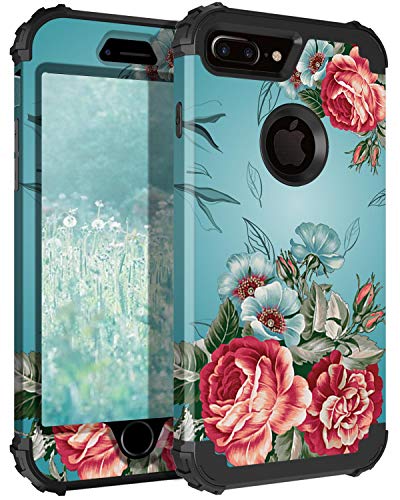LONTECT for iPhone 8 Plus Case, iPhone 7 Plus Case Floral 3 in 1 Heavy Duty Hybrid Sturdy High Impact Shockproof Protective Cover Case for Apple iPhone 8 Plus/iPhone 7 Plus, Teal/Red Flower