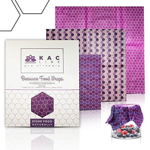 KAC Line Beeswax Wrap 100% Organic Food Storage Eco-Friendly, Zero-Waste, Washable, Organic and Reusable Natural, Biodegradable, Reusable Food Storage Pack of 4 Varied Size Wraps Lasts for 1 Year