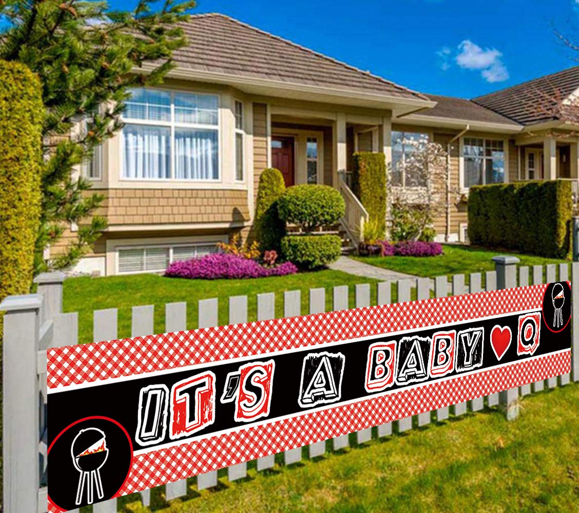 Large Baby Q Decorations, BBQ Baby Shower Party Supplies, It’s A Baby Q Sign Banner, Red and Black Baby Shower Photo Backdrop Background (9.8 x 1.6 feet) It's a Baby Q