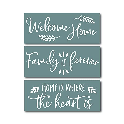 Welcome Home + Family is Forever + Home is Where The Heart is Sign Stencils for Painting on Wood and More - Create Beautiful DIY Signs with Word Stencils – Set of 3 Reusable Stencils