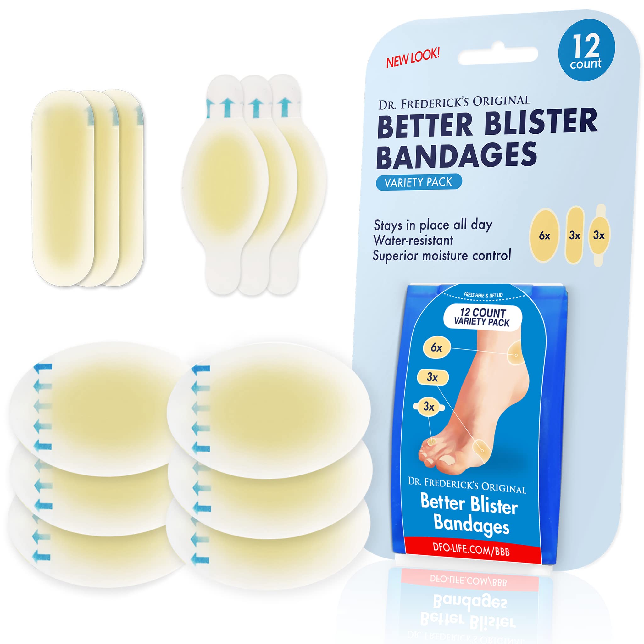 Book Cover Dr. Frederick's Original Better Blister Bandages - 12 ct Variety - Water Resistant Hydrocolloid Bandages for Foot, Toe, & Heel Blister Prevention & Recovery - Blister Pads Variety Pack 12 Count (Pack of 1)