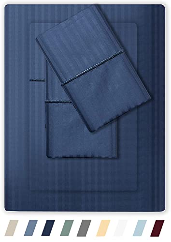 Feather & Stitch California King Size Damask Bed Sheets|100% Soft Cotton Breathable BedSheet Set of 4|18" Deep Pockets 500 TC Sateen Weave Striped Bedding Mattress Resort Hotel Luxury Decor|Dark Blue
