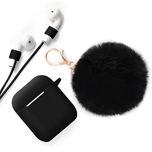 Xmifer AirPods Case, Cute Airpods Case Keychain Drop Proof (Silicone Skin for AirPods Charging Case 2/1) with Fluffy Fur Ball Keychain and Airpods Anti-Lost Strap for Airpods 2/1(Khaki)