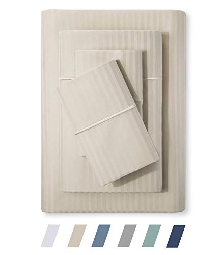 Feather & Stitch 500 Thread Count 100% Cotton Stripe Sheets Set with 2 Twin XL Fitted,1 King Flat, 2 King Pillow Cases .Soft Sateen Weave, Deep Pocket (Beige, Split King)