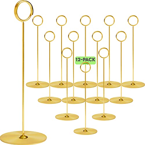 12 Pieces Metal Table Number Holders, 8 Inches Gold Place Card Holder, Table Number Stands, Table Sign Holders, Gold Table Card Holder Stand for Photos, Food Signs, Birthdays, Weddings, Restaurants