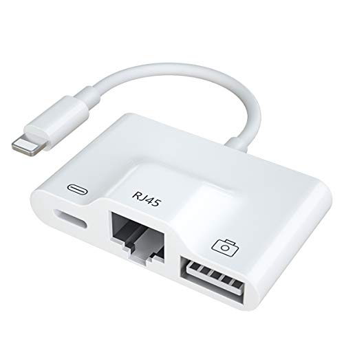 Light ning to RJ45 Audio and OTG Adapter Ethernet LAN Wired Network Adapter 3 in 1 Light ning to USB Camera Adapter Charging Data Sync Compatible iPhone/iPad Required iOS 10.0 or Above White