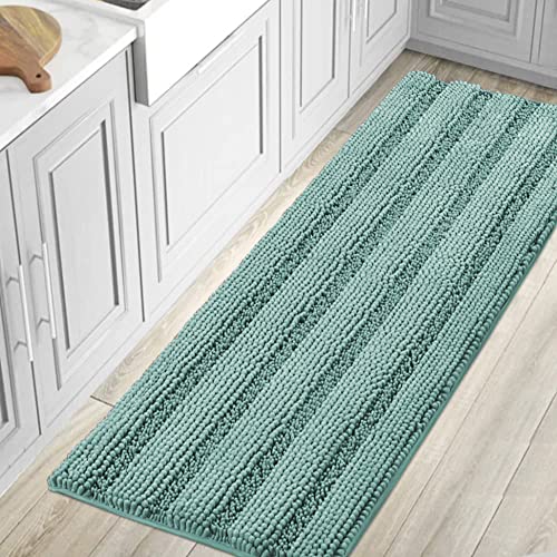 58x20 inch Oversize Non-Slip Bathroom Rug Shag Shower Mat Soft Thick Floor Mat Machine-Washable Bath Mats with Water Absorbent Soft Microfibers Long Striped Rugs for Powder Room, Duck Egg Blue
