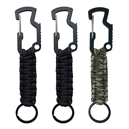 SHAND 3Pack Survival Paracord Lanyard Keychain with Carabiner Bottle Opener for Keys, Flashlight, Knife, Whistle, Useful for Outdoor Camping Survival Kits (2BLK+1CAM[3PACK])