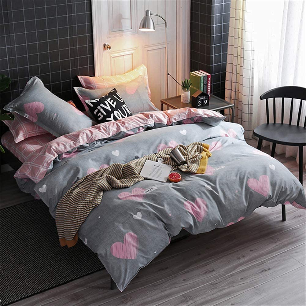 Book Cover CCoutueChen Kids Duvet Cover Set Queen Full Size Girls Cute Pink Heart Printed Gray Bedding Set Reversible White Checked Plaid Soft Microfiber 3 Pieces Comforter Cover for Teens Women