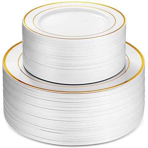 100 Piece Plastic Party Plates White Gold Rim, 50 Premium Heavy Duty 10.25 Inch Dinner Plates and 50 Disposable 7.5 Inch Dessert Appetizer Elegant Fancy Heavy Duty Wedding Plates