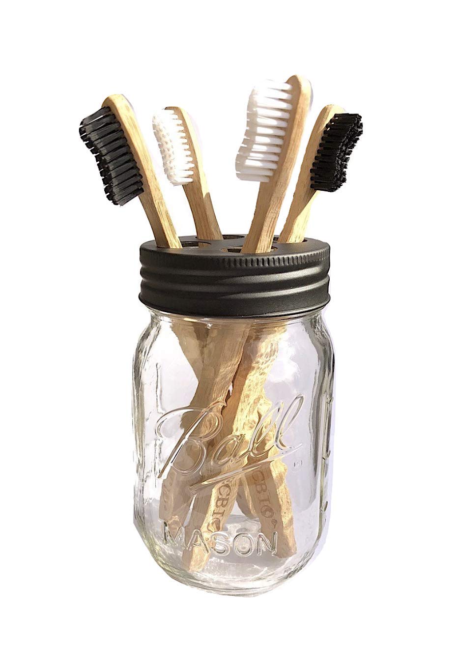 Book Cover The Southern Jarring Co. Mason Jar Toothbrush Holder - Includes Genuine Glass 16 Ounce Ball Mason Jar - Made from Rustproof Stainless Steel - Holds 4 Toothbrushes (Black)