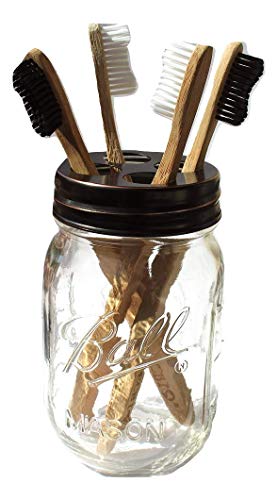 The Southern Jarring Co. Mason Jar Toothbrush Holder - Includes Genuine Glass 16 Ounce Ball Mason Jar - Made from Rustproof Stainless Steel - Holds 4 Toothbrushes (Oil-Rubbed Bronze)