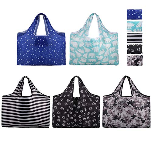 Foldable Reusable Grocery Bags-5 Packs XXL Size Folding Shopping Bag- Eco Friendly Ripstop Oxford Cloth Waterproof / Machine Washable Durable Heavy Grocery Shopping Tote Bags