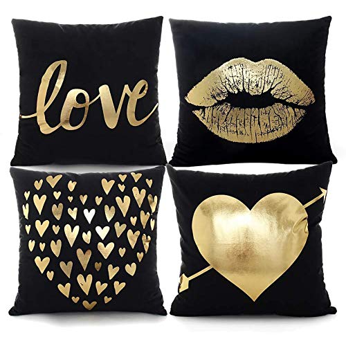 YNester 4Pcs DÃ©cor Throw Pillow Cover Super Soft Gold Foil Decorative Cushion Cover 18 x 18 inches Eyelashes Lips Love Printed Pillow Case for Sofa Chair Car Bed (Black)