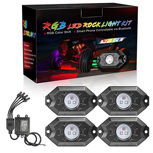 Niking Auto RGB LED Rock Light Kits 4 Pods Underglow Neon LED Lights with Bluetooth Control Waterproof Multicolor Wheel Well Lights for Truck SUV ATV UTV Boat Marine Motorcycle Off Road
