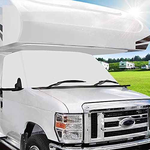 Mofeez RV Windshield Cover Compatible with Class C Ford 1997-2021, UV Block Offer Complete Privacy with Light Preserves Interior ( White Color with Mirror Cutouts)