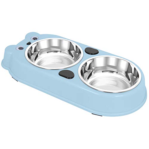 Book Cover UPSKY Double Dog Cat Bowls Double Premium Stainless Steel Pet Bowls with Cute Modeling Pet Food Water Feeder (Blue)