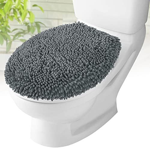 MAYSHINE Toilet Lid Cover - Black, Plush Microfiber Oval Toilet Seat Covers for Bathroom, Machine Washable Elongated Toilet Cover Seat, Stretches up to 21"x19"