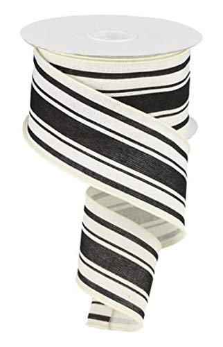Farmhouse Stripe on Cotton Wired Edge Ribbon - 2.5 Inches x 10 Yards (Ivory, Black)