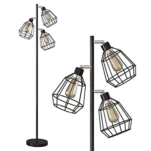 Oneach Tolbert Industrial Floor Lamp Metal Standing 3-Light Tree Floor lamp Black Lamp with Adjustable lampshade for Reading Bedroom Living Room Office Décor, 3 LED Edison Bulbs Included
