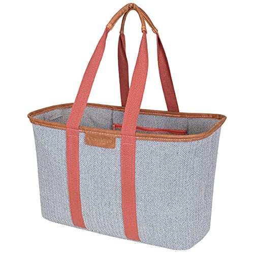 CleverMade SnapBasket LUXE - Reusable Collapsible Durable Grocery Shopping Bag with Reinforced Bottom - Large Heavy Duty Canvas Carryall Tote, Herringbone, Not Insulated