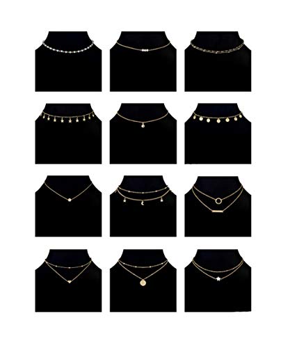 Book Cover Ofeiyaa 12pcs Chain Gold Bead Necklace Coin Moon Star Pearl Pendant Chain Choker Multilayer Necklace Leather Cord Set for Women Men Adjustable Gold Tone