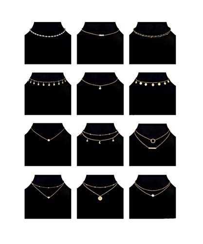 Ofeiyaa 12pcs Chain Gold Bead Necklace Coin Moon Star Pearl Pendant Chain Choker Multilayer Necklace Leather Cord Set for Women Men Adjustable Gold Tone