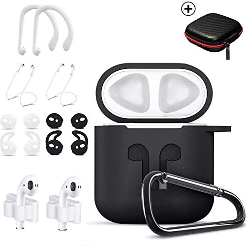Airpods Case Black,HOOXIN Airpods Accessories Set,12 in 1 Protective Silicone Cover and Skin for Apple Airpods Charging Case with Airpods Ear Hook Grips/Airpods Staps/Airpods Clips/Skin/Tips/Grips