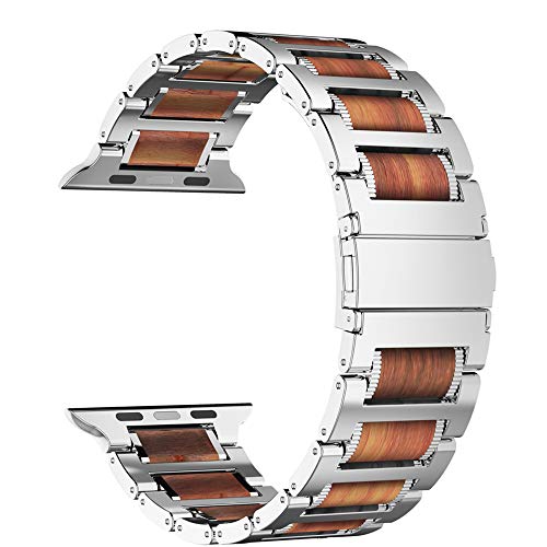 iiteeology Compatible with Apple Watch Band, Natural Wooden Steel Link Bracelet for iWatch Ultra 3/ Ultra 2/ Series 1-11 49mm 46mm 45mm 44mm 42mm - Silver