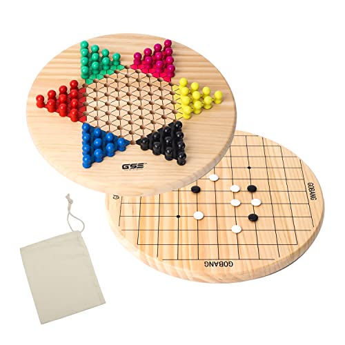 GSE Games & Sports Expert 11.5" Natural Wood 2-in-1 Chinese Checkers and Gobang Board Game Set with 66 Colorful Wooden Pegs and Stones, Classic Strategy Game for Kids & Adults