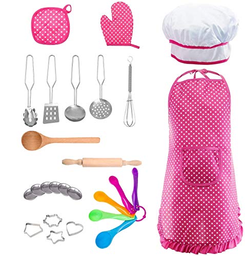 Kids Cooking and Baking Chef Set - 24 Pcs Includes Apron, Chef Hat, Oven Mitt, Pot Holders, Plates, Rolling Pin, Spoon, Cookie Cutters & Baking Utensil for Little Girls Age 3+ Years Old Kids Toys