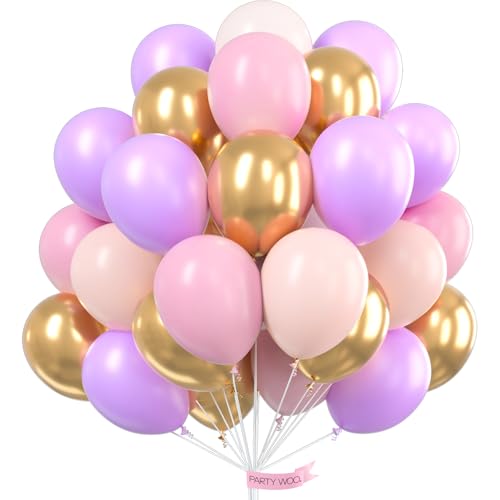 PartyWoo Pink Purple and Gold Balloons 66pcs 12 Inch Baby Pastel Light Pale Pink Purple Metallic Gold Balloons for Graduation Baby Shower Birthday Butterfly Anniversary Princess Party Decorations