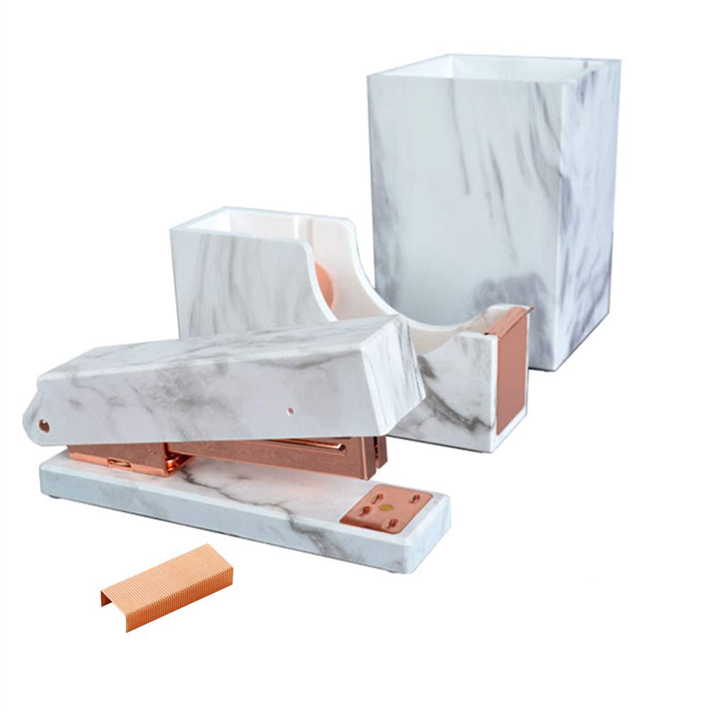 MultiBey Desk Organizers Set Rose Gold Stapler Staples Tape Dispenser Pen Pencil Holder Marble White Texture Home N Office Supplies (Rose Gold)