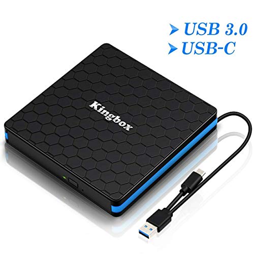 Kingbox External DVD Drive, Portable USB 3.0 Type-C CD/DVD Rewriter Burner Drive for Laptop Desktop PC Computer Windows Linux OS Apple Mac MacBook Pro Air iMac - High Speed Data Transfer - Black