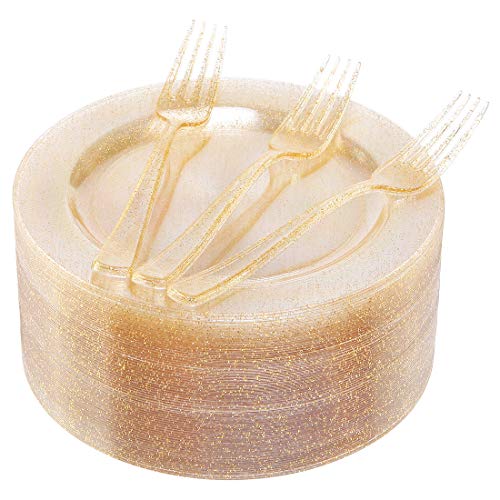I00000 72 Pieces Dessert Plates 7.5" & 72 Pieces Gold Disposable Forks 7.4" with Gold Glitter, Plastic Salad Plates for Wedding