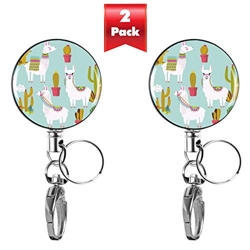 2-PK Decorative Retractable Badge Reel with Waterproof ID Holders & Key Rings. Steel Wire, Belt Clip & Metal Badge Clip. Great for Lanyards, Nurses, Teachers, Men & Women. Llama & Cactus
