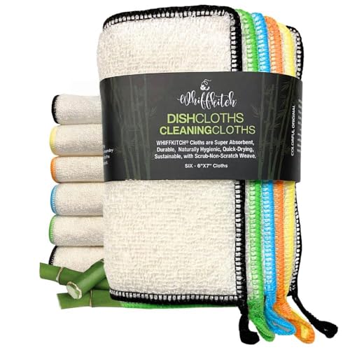 Whiffkitch Bamboo Dishcloths & Cleaning Cloths 6pk, Scrub-Non-Scratch, Washable, Reusable, Super Absorbent, Hygienic, Quick Drying, Durable, Kitchen Essential, Washcloth, Dish Rags "6x7 in"