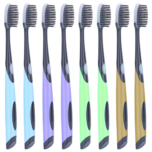 8 Pack Charcoal Toothbrushes, Soft Bristle Tooth Brushes for Adults With Covers, Remove Plaque, Bacteria & Stains, Work Well with Charcoal Toothpaste & Teeth Whitening Powder (Colors Vary)