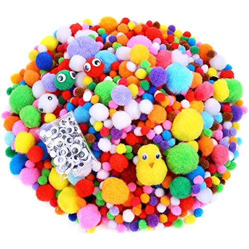 Caydo 1400 Pieces Fuzzy 5 Sizes Multicolor Assorted Pompoms with 4 Sizes Wiggle Googlys Eyes for DIY, Creative Crafts Decorations