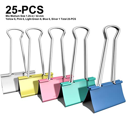 Nctinystore Color Binder Clips Medium Colored Metal Clamp 1.25 inch / 32 mm (Silver 1, Blue 6, Pink 6, Yellow 6, Green 6 Total 25 PCS)