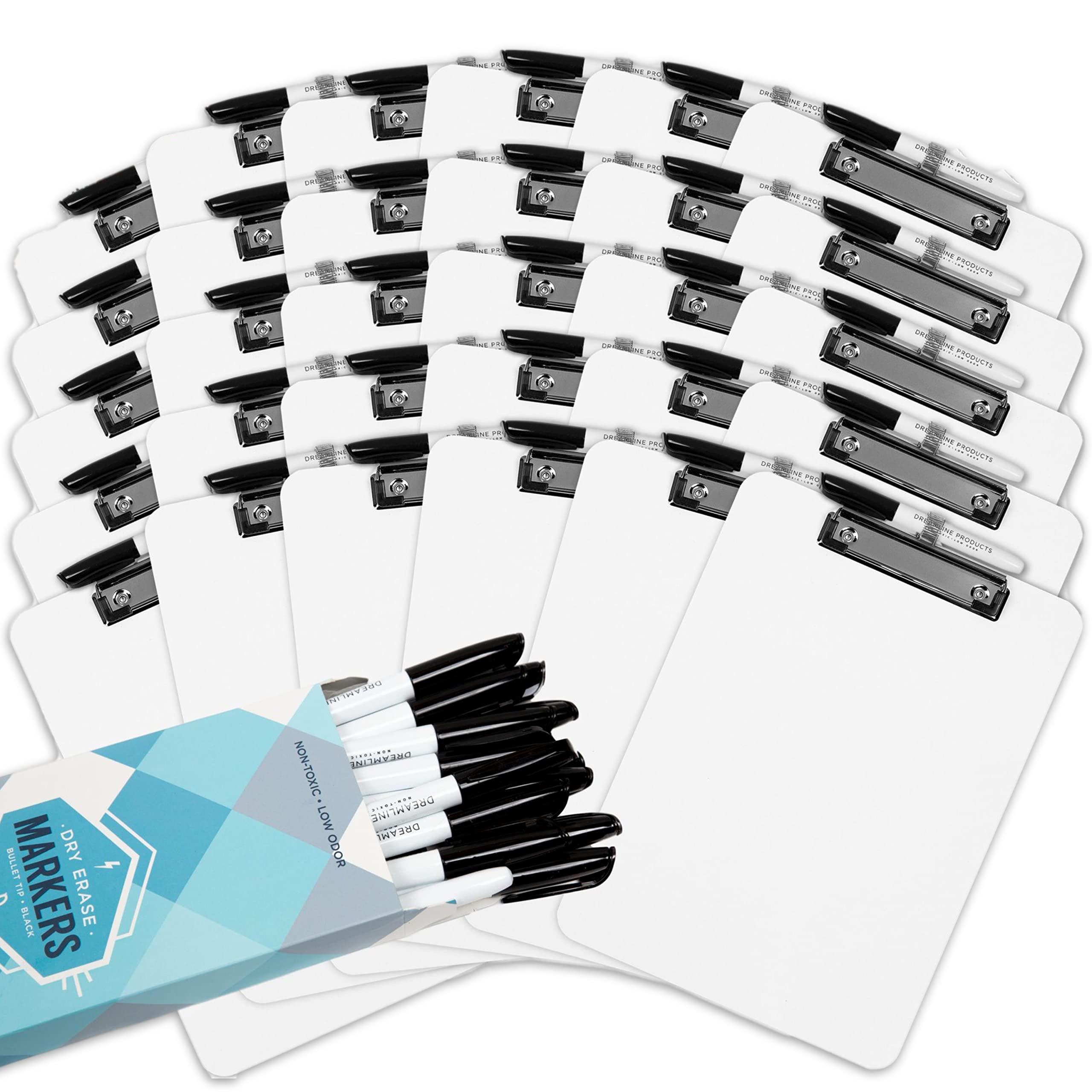Dry Erase Clipboard + Pen Holder + Markers (30pc) Set of 30 Clip Boards Multi Pack with Whiteboard Pens! 12.5 x 9 Inch, Holds 100 Sheets! Clipboards with Low Profile Clip Board Clips