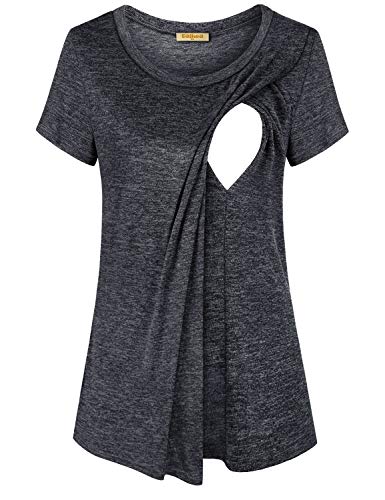 Baikea Maternity Shirts fo Women, Ladies Round Neck Short Sleeve Plus Size Nursing Tops Irregular Hem Layered Functional Discrete Feeding Tunic Blouses Dark Grey L