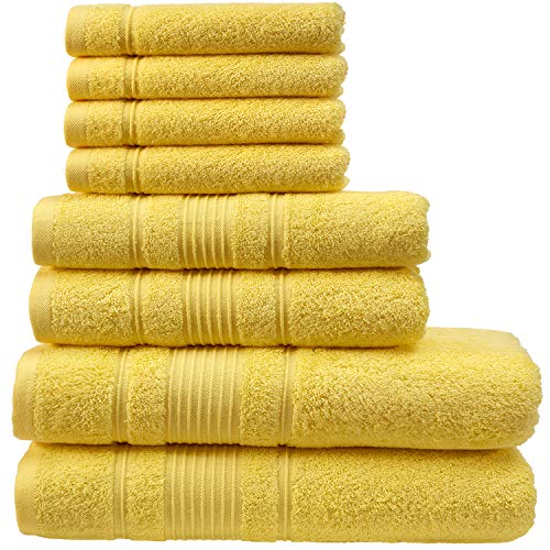 Qute Home Towel Set; 2 Bath Towels, 2 Hand Towels, and 4 Washcloths | Spa & Hotel Towels Quick Dry 100% Turkish Cotton Towel Sets for Bathroom, Shower Towel (Yellow, Towel Set - Set of 8)