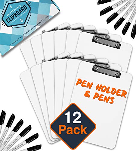 Book Cover Dry Erase Clipboard + Pen Holder + Markers (12pc) Set of 12 Clip Boards Multi Pack with Whiteboard Pens! 12.5 x 9 Inch, Holds 100 Sheets! Clipboards with Low Profile Clip Board Clips