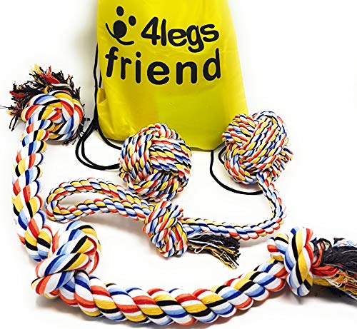 Dog Rope Tug of War Toys for Aggressive Chewers - 3 Pack for Large and XL Dogs or Puppies Who Love to Play Rough. Strongest, Colorful Washable Cotton Tough Chewing Toys + Bag