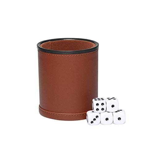 Brown Dice Game Set,Felt- Lined Leather Cup with 5 Standard Sized Dot Dices for Farkle Yahtzee Family Dice Games Night