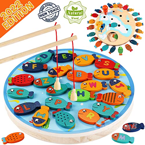 Book Cover CozyBomB Magnetic Wooden Fishing Game Toy for Toddlers - Alphabet Fish Catching Counting Preschool Board Games Toys for 3 4 5 Year Old Girl Boy Kids Birthday Learning Education Math with Magnet Poles