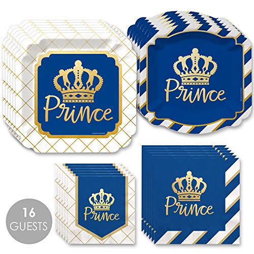 Big Dot of Happiness Royal Prince Charming with Gold Foil - Baby Shower or Birthday Party Tableware Plates and Napkins - Bundle for 16